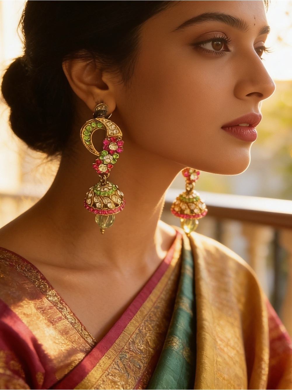 Antique Gold Jhumka Earrings | Pink Green Crystal Indian Ethnic Drop Jewelry
